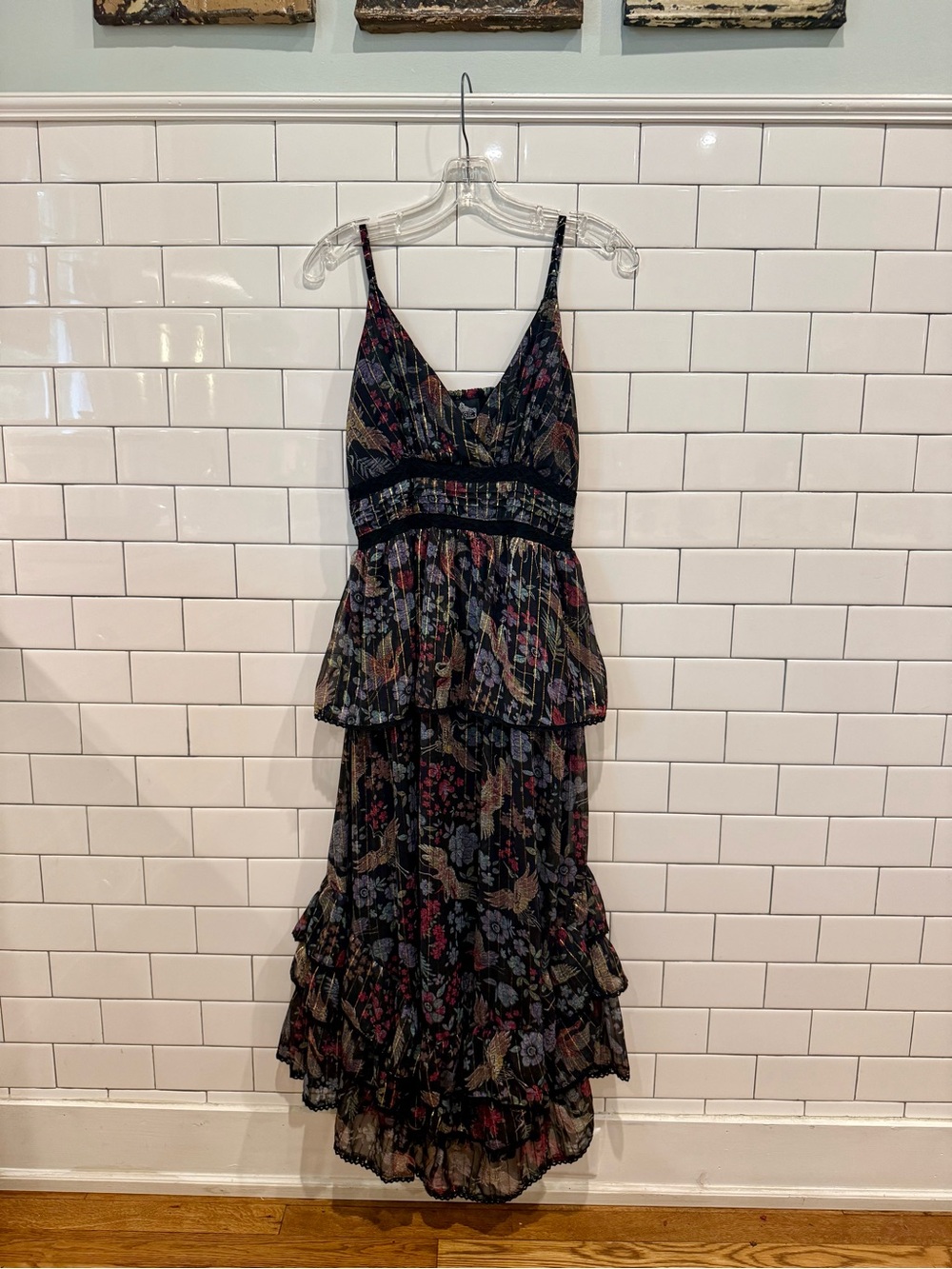 Angie Metallic Thread Floral Tiered Ruffle Maxi Dress Size M